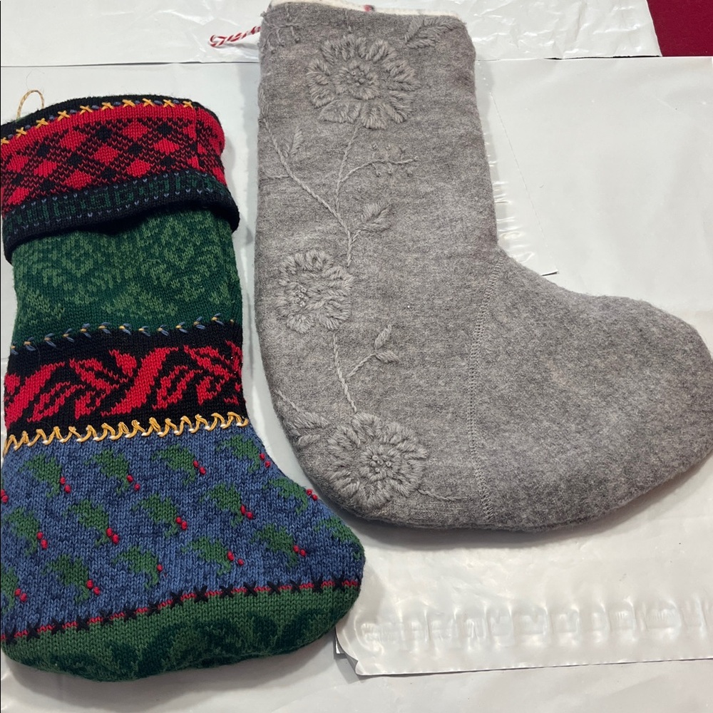 Vintage Hand Made Knit 2 christmas Stockings Pair gray flowers, patchwork Xmas